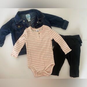 Old Navy Striped Pink Onesie with Denim Jacket and Black Pant Outfit Set 3-6M